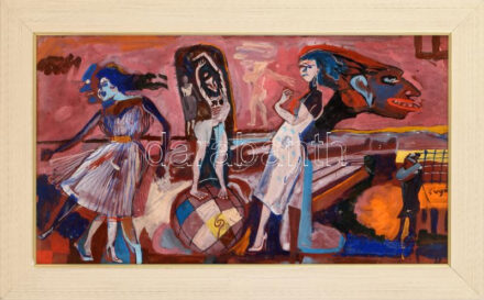 Sugár Gyula (1924-1991): Moirák. Olaj, farost, jelezve jobbra középen. Hátoldalán autográf felirattal, Képcsarnok Vállalat, Artunion és Művészeti Alap címkéivel. Fakeretben, 34×60 cm / oil on wood fibre, signed, with autograph