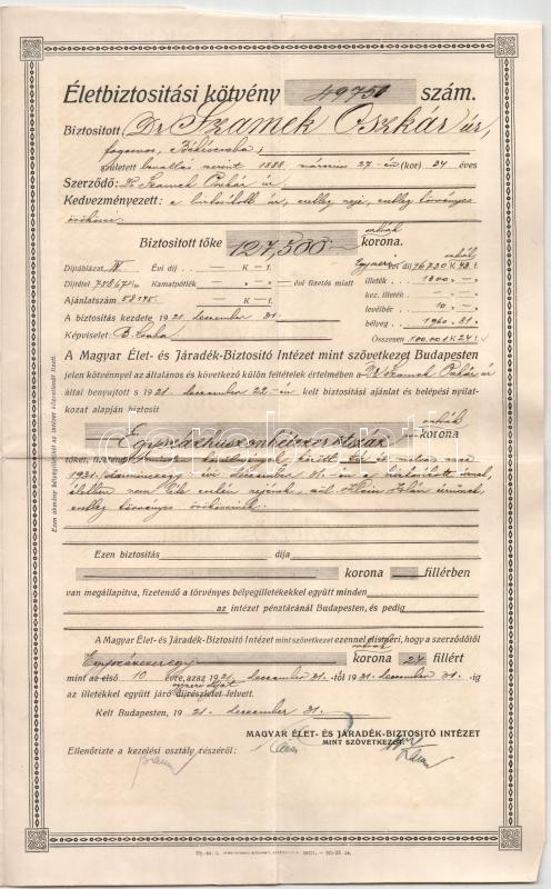 1924. 'Magyar Élet- és Járadék-biztosító Intézet' életbiztosítási kötvénye T:F - Image 2