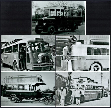 cca 1960 előtt készült felvételek autóbuszokról (külső-belső képek, karambolos, emeletes, távolsági, városi, városnéző, fagázzal üzemelő, stb.), 13 db modern nagyítás a néhai Lapkiadó Vállalat központi fotólaborjának