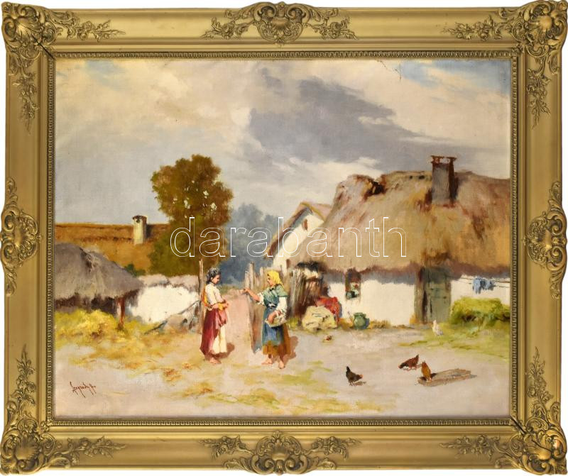 Neogrády Antal (1861-1942): Beszélgetők. Olaj, vászon, jelezve balra lent. 60x80 cm. Dekoratív fakeretben. / oil on canvas, signed, framed