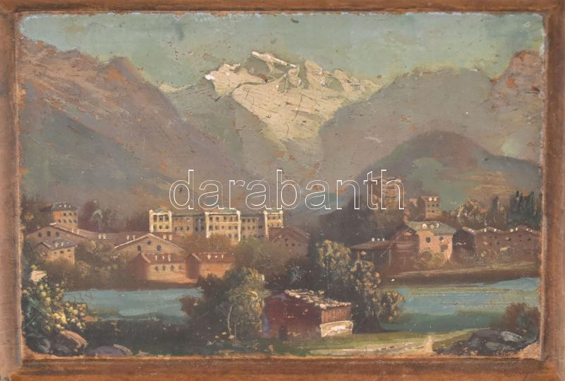 Fa dobozka kézzel festett alpesi tájat ábrázoló tetővel. XIX. sz. 8x6 cm - Image 2