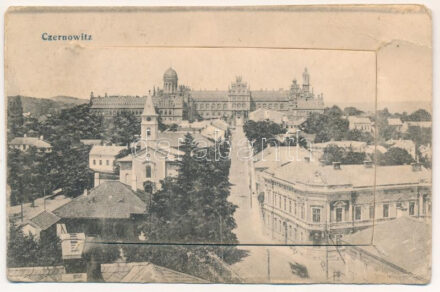 Chernivtsi, Czernowitz, Cernauti, Csernyivci (Bukovina, Bukowina); Leporellocard with the statue of Sissi, railway station, Jewish National House, children hospital (tear)