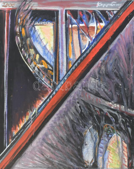 Koppány Attila (1947-): Másvilág, 2006. Akril, vászon, kartonon. Jelezve fent, a hátoldalon autográf felirattal. 50x40 cm. Reprodukálva a Körmendi Galéria honlapján: https://www.kormendigaleria.hu/alkotas/16839/nagy.html