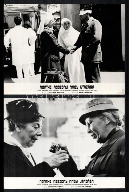 cca 1985 ,,Agathe asszony nagy utazása' című német (NDK) film jelenetei és szereplői, 4 db vintage produkciós filmfotó ezüst zselatinos fotópapíron, a használatból eredő (esetleges) kisebb hibákkal, 18x24 cm