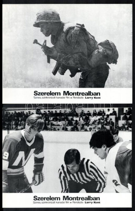 cca 1981 ,,Szerelem Montreálban' című kanadai film jelenetei és szereplői, 12 db produkciós filmfotó nyomdatechnikával sokszorosítva, egyoldalas nyomás kartonlapokra, a használatból eredő (esetleges) kisebb hibákkal, 18x24 cm