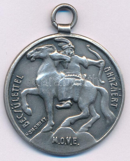 Homonnay Jenő (1883-?) 1931. 'MOVE (Magyar Országos Véderő Egylet) - Becsülettel a hazáért' kétoldalas, ezüstözött bronz díjérem füllel, 'GÁL' gyártói jelzéssel, 'I. Ker. 1931 I.' gravírozással (30mm) T:XF patina
