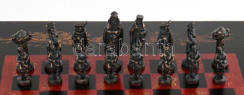 Díszes sakk. Lakkozott tábla, bronz figurákkal, 64x58 cm - Image 3