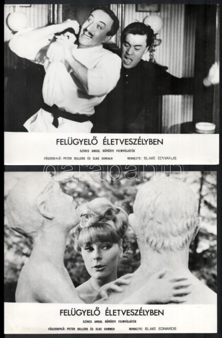 cca 1964 ,,Felügyelő életveszélyben' című angol bűnügyi filmvígjáték jelenetei és szereplői, 6 db vintage produkciós filmfotó ezüst zselatinos fotópapíron, a használatból eredő (esetleges) kisebb hibákkal, 18x24 cm