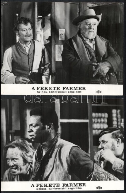 cca 1970 ,,A fekete farmer' című amerikai westernfilm jelenetei és szereplői, 10 db vintage produkciós filmfotó ezüst zselatinos fotópapíron, a használatból eredő (esetleges) kisebb hibákkal, a képeken szereplő magyar feliratban