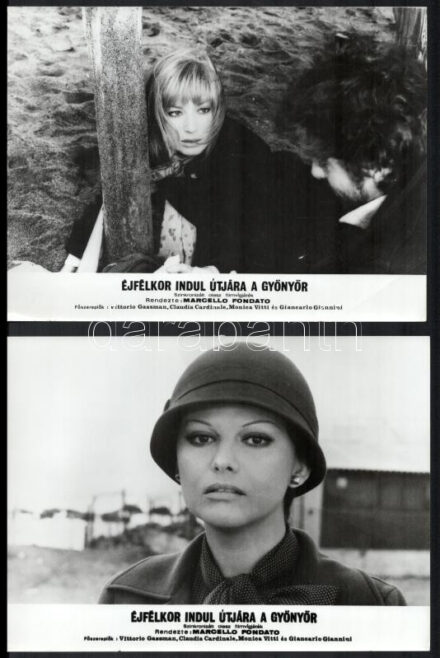 cca 1975 ,,Éjfélkor indul útjára a gyönyör' című olasz filmvígjáték jelenetei és szereplői (köztük Vittorio Gassman, Claudia Cardinale, Monica Vitti, Giancarlo Giannini), 13 db vintage produkciós filmfotó ezüst zselatinos