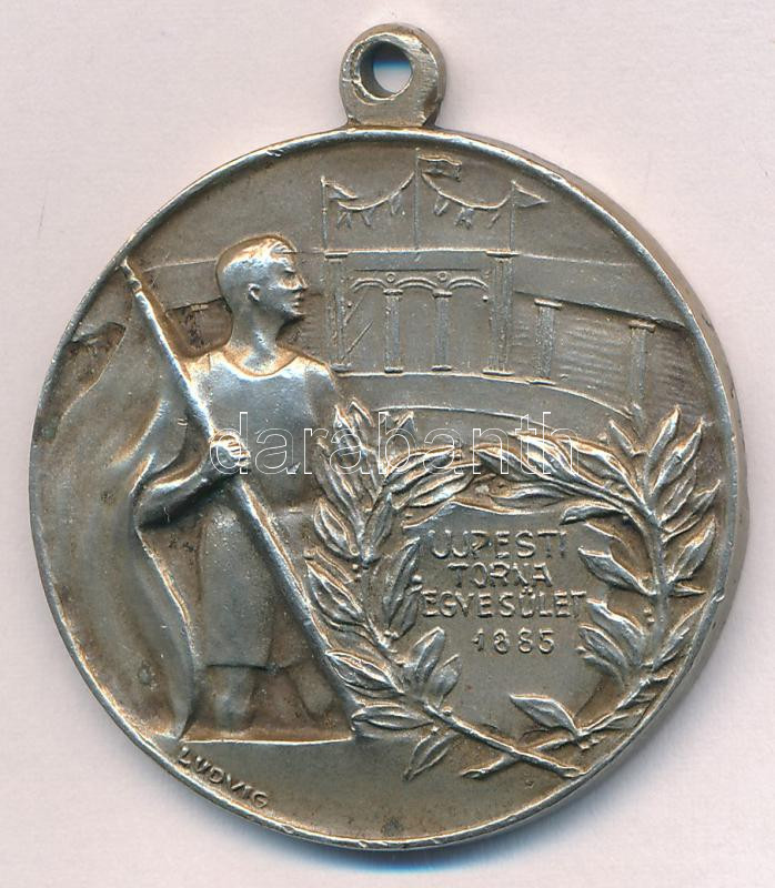 ~1930. 'Újpesti Torna Egylet 1885' kétoldalas ezüstözött bronz díjérem 'LUDVIG' gyártói jelzéssel, füllel (35mm) T:AU patina