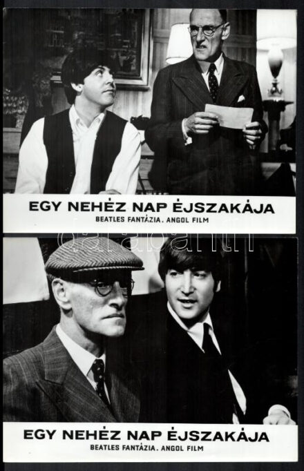 cca 1964 ,,Egy nehéz nap éjszakája - Beatles fantázia' című angol film jelenetei és szereplői, 9 db vintage produkciós filmfotó ezüst zselatinos fotópapíron, a használatból eredő (esetleges) kisebb hibákkal, 18x24 cm