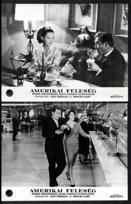 cca 1966 ,,Amerikai feleség' című olasz - francia filmvígjáték jelenetei és szereplői (köztük Ugo Tognazzi és Marina Vlady', 13 db vintage produkciós filmfotó ezüst zselatinos fotópapíron, a használatból eredő (esetleges) kisebb