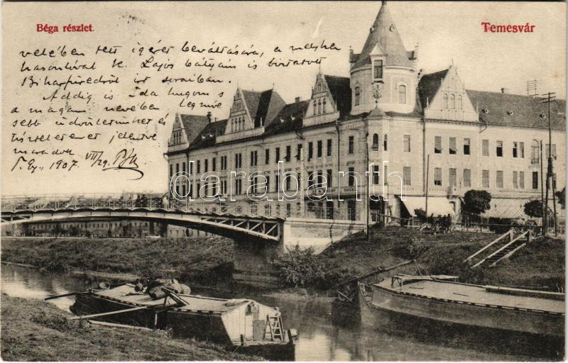 1907 Temesvár, Timisoara; Béga részlet, híd, Horgony kávéház / Bega riverside, bridge, café (EK)