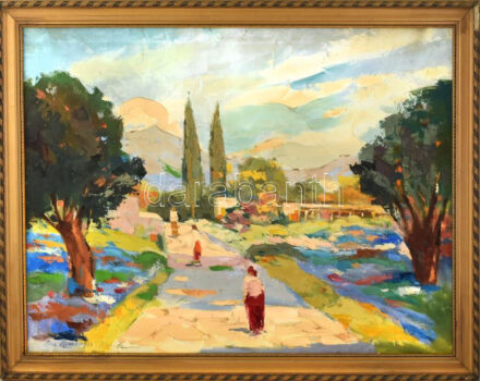 Olvashatatlan jelzéssel: Flangálók San Remoban. Olaj, vászon. Dekoratív, sérült fakeretben. 60x80 cm