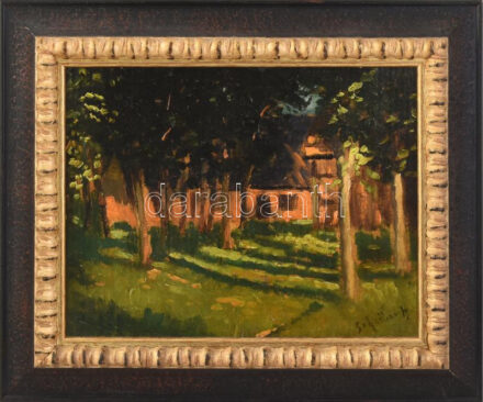 Scheiber Hugó (1873-1950): Napsütötte udvar. Olaj, karton. Jelezve jobbra lent. Dekoratív fakeretben. 25x33 cm / oil on board, signed, framed