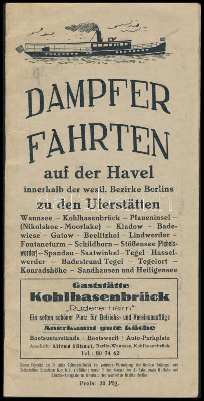 cca 1940 Dampfer Fahrten auf der Havel, német nyelvű idegenforgalmi prospektus, benne térképpel is.