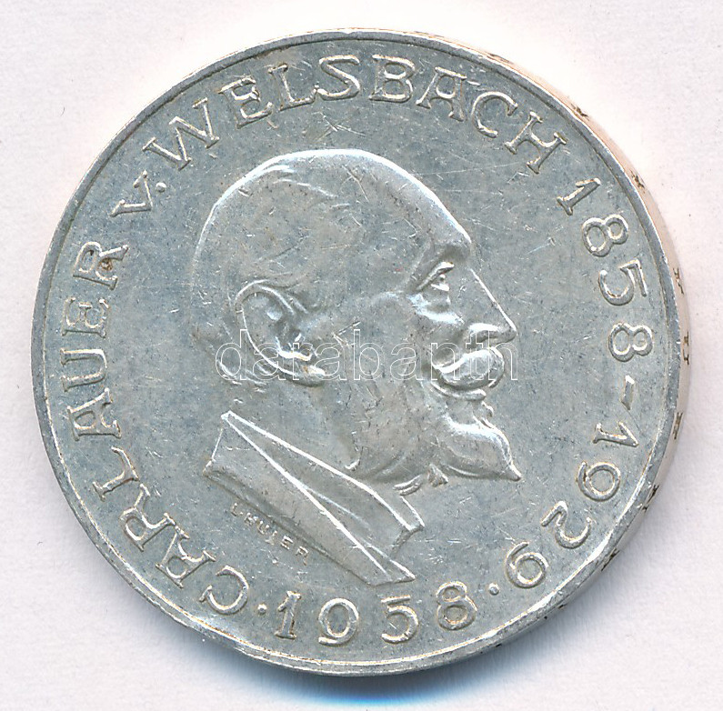 Ausztria 1958. 25Sch Ag 'Carl Auer von Welsbach' T:XF ph. Austria 1958. 25 Schilling Ag 'Carl Auer von Welsbach' C:XF edge error Krause KM#2884