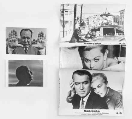 Alfred Hitchcock ,,Szédülés' című filmjéből 7 db produkciós filmfotó ezüst zselatinos fotópapíron, + hozzáadva két portrékép a filmrendezőről, ezek modern nagyítások a néhai Lapkiadó Vállalat központi fotólaborjának