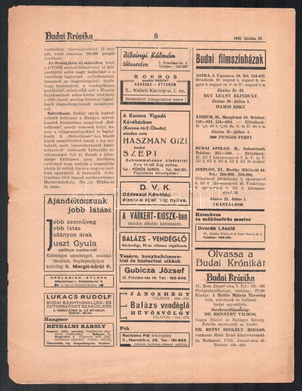 1942 Budai Krónika 4. évf. 25. sz., 1942. jún. 24., kisebb lapszéli szakadásokkal, 8 p. - Image 2