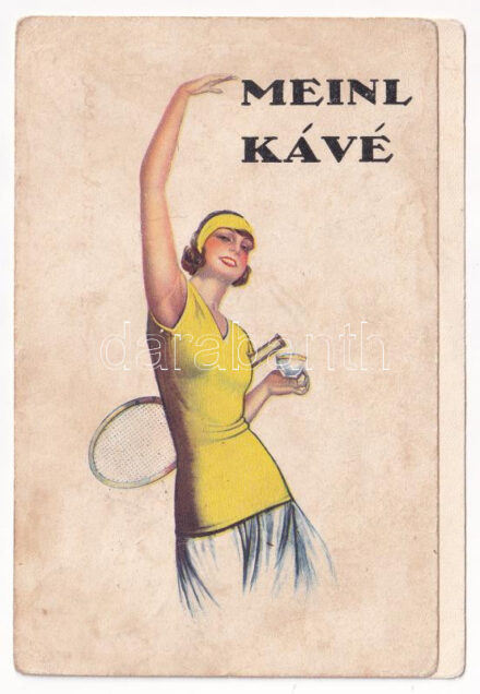 1932 Meinl Kávé reklám, tenisz hölgy / coffee advertisement with tennis lady, sport (ázott / wet damage)