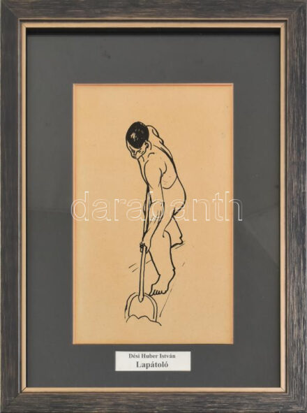 Dési Huber István (1895-1944): Lapátoló. Szitanyomat, papír, jelzés nélkül, üvegezett fakeretben. 29,5x18,5 cm