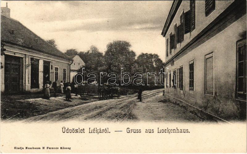 Léka, Lockenhaus; utca és üzlet. Nussbaum N. Ferenc kiadása / Strasse, Geschaft / street and shop