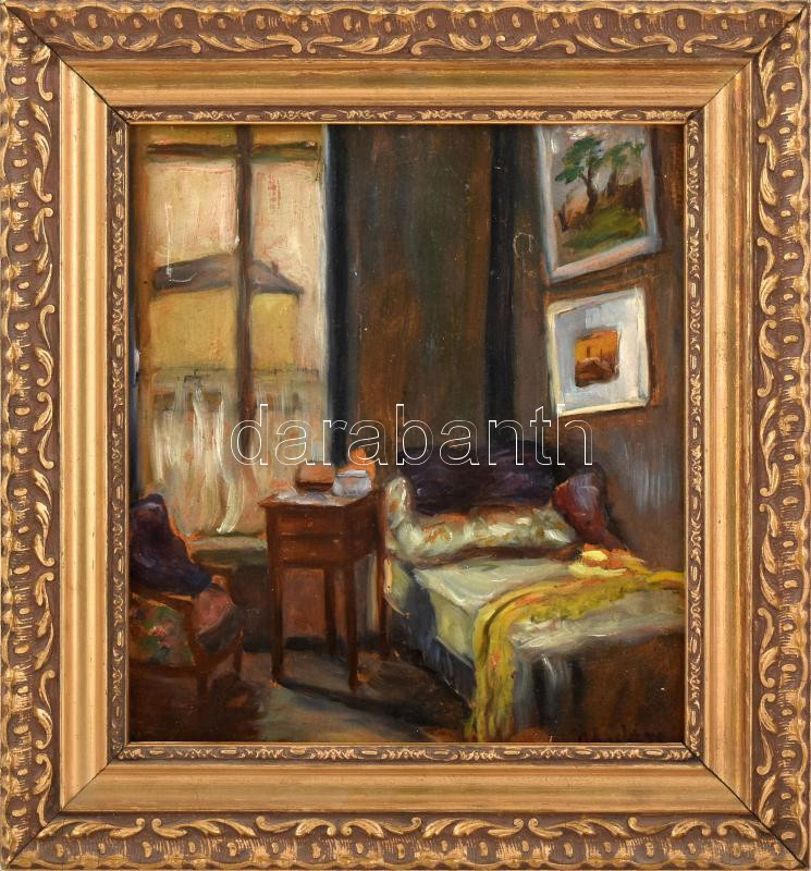 Nyilasy jelzéssel: Enteriőr képekkel. Olaj, karton, kissé sérült. Dekoratív fakeretben. 29x26 cm