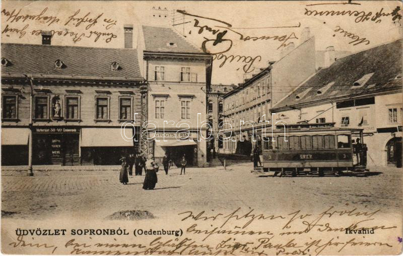 1905 Sopron, Oedenburg; Ikvahíd, SVEV villamos, gyógyszertár, Várkerület 38-40. üzlete (EK)