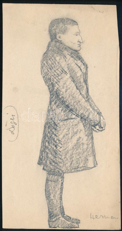 Hermann Lipót (1884-1972): Dögei Imre (1896-1919), Kun Béla testőrének portréja. Ceruza, papír, jelzett, 19,5x10 cm