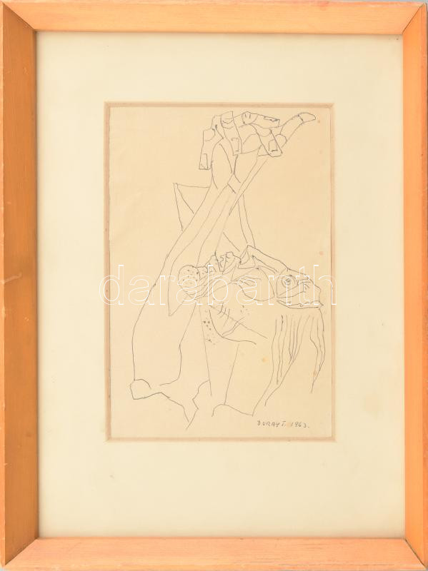 Duray Tibor (1912-1988): Kiáltás. Tus, papír, jelzett, üvegezett fakeretben,11x17 cm