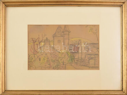 E. Lehner jelzéssel: Város részlet. Ceruza, papír, jelzett, üvegezett fakeretben, 16x24 cm