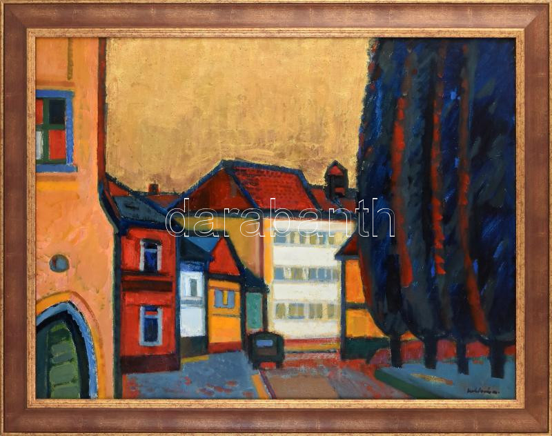 Moldován István (1911-2000): Kolozsvár (Városrészlet). Olaj, vászon, jelzett, hátoldalán Képcsarnok Vállalat címkéivel. Dekoratív fakeretben, 60x80 cm / Moldován István (1911-2000): Cluj. Oil on canvas, signed, framed, 60x80 cm