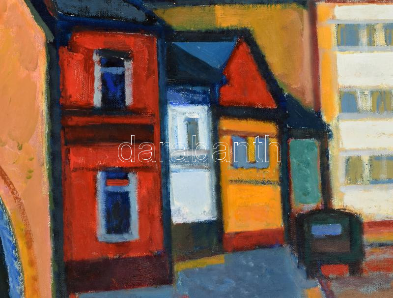 Moldován István (1911-2000): Kolozsvár (Városrészlet). Olaj, vászon, jelzett, hátoldalán Képcsarnok Vállalat címkéivel. Dekoratív fakeretben, 60x80 cm / Moldován István (1911-2000): Cluj. Oil on canvas, signed, framed, 60x80 cm - Image 2