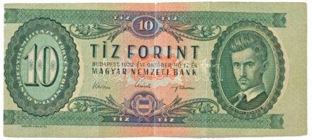 1962. 10Ft 'A 435 215506' nyomdahibás bankjegy, előlapon látványosan eltolódott nyomattal T:F / Hungary 1962. 10 Forint 'A 435 215506' banknote with printing error, with a spectacularly shifted print on the front C:F Adamo F6