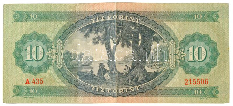 1962. 10Ft 'A 435 215506' nyomdahibás bankjegy, előlapon látványosan eltolódott nyomattal T:F / Hungary 1962. 10 Forint 'A 435 215506' banknote with printing error, with a spectacularly shifted print on the front C:F Adamo F6 - Image 2