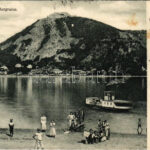 1903 Visegrád, várrom, ingahajó, kirándulók a Duna parton. Divald Károly 22.