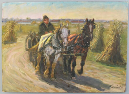 Kolozsváry Kamilló (1936-2008): Lovaskocsi. Olaj, falemez, jelzett, 30×40 cm.