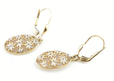 Arany (Au) 14K áttört, virágmintás fülbevalópár, jelzett, 3,4×1,1 cm, nettó: 2,8 g