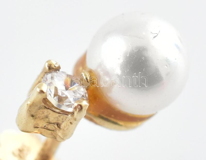 Arany (Au) 14K gyöngyös, köves fülbevalópár, jelzett, 1,6×0,7 cm, bruttó: 1,7 g - Image 2