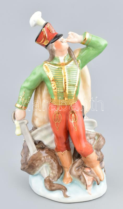 Herendi porcelán sárkányölő János vitéz, Terv: Lőrinc István, kézzel festett, jelzett, apró kopásnyomokkal, m: 22 cm