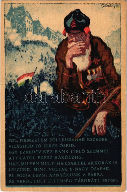 Föl nemzetem föl! Kiadja Magyarország Területi Épségének Védelmi Ligája / In memoriam of the reoccupation of the fortress of Buda from the Austrian troops. Hungarian irredenta propaganda