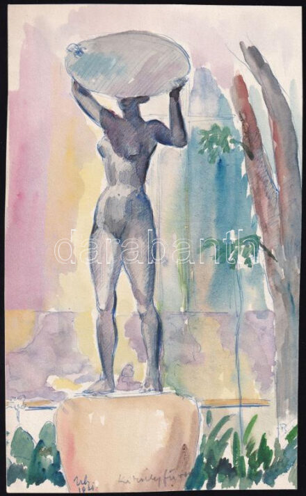 Ujváry Lajos (1925-2006): Királyfürdői részlet, 1962. Akvarell, golyóstoll, papír, jelzett. 21x12,7 cm