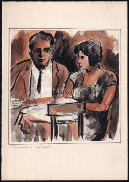 Ujváry Lajos (1925-2006): Presszóban, 1958. Akvarell, tus, papír, jelzett. 13x13 cm