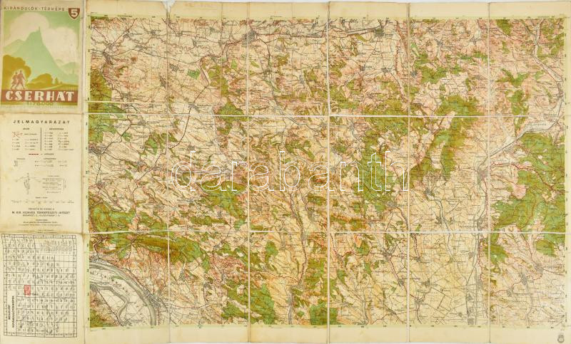 cca 1940 Cserhát, Kirándulók térképe 5. Kiadja a M. Kir. Honvéd Térképészeti Intézet. 1 : 75.000. A borító illusztrációja Izsák Elek munkája. vászon, 94x57 cm