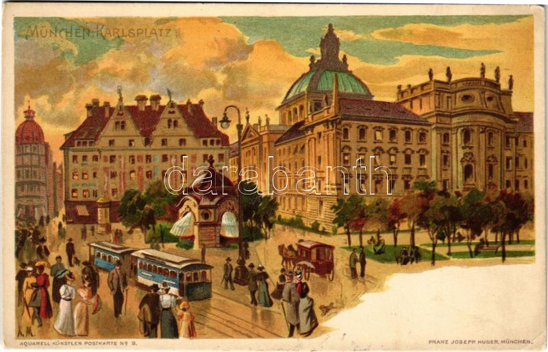 München, Munich; Karlsplatz / square, tram, horse-drawn carriage. litho (EK)