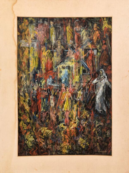 Lengyel Gergely Géza (-): Dante és Vergilius. Tempera, karton, paszpartuban, paszpartu foltos. Jelzett: Lengyel 963, hátoldalán autográg felirat: 'Lengyel G. Géza Bp. XI. Somogyi út 17/a, 47x32 cm