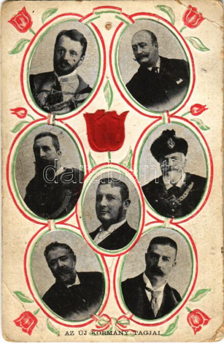 A második Wekerle-kormány tagjai: Wekerle Sándor, Ifj. Andrássy Gyula, Polónyi Géza, Kossuth Ferenc, Apponyi Albert, Josipovich Géza, Zichy Aladár. tulipános, hazafias dombornyomott minta / Hungarian Goverment of 1906. Emb. folklore,