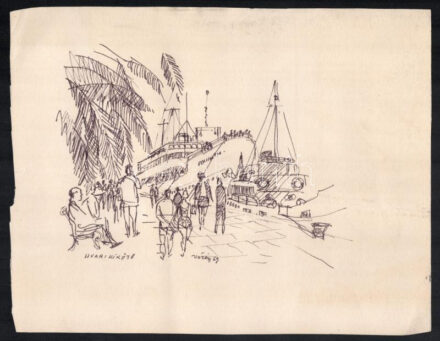 Vöröss Tibor (1911-1999): Hvari kikötő, 1969. Filctoll, papír, jelzett, törésnyommal. 22×28 cm