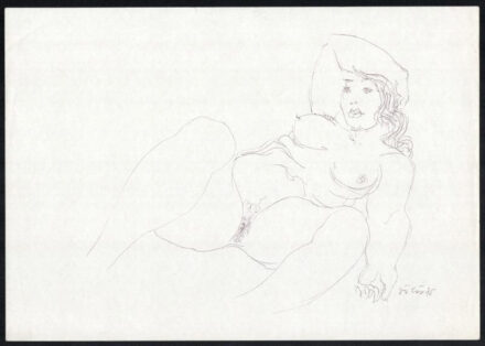 Vöröss Tibor (1911-1999): Női akt. Golyóstoll, papír, jelzett. Lapszéli apró szakadással, hajtásnyommal. 25,5×30,5 cm